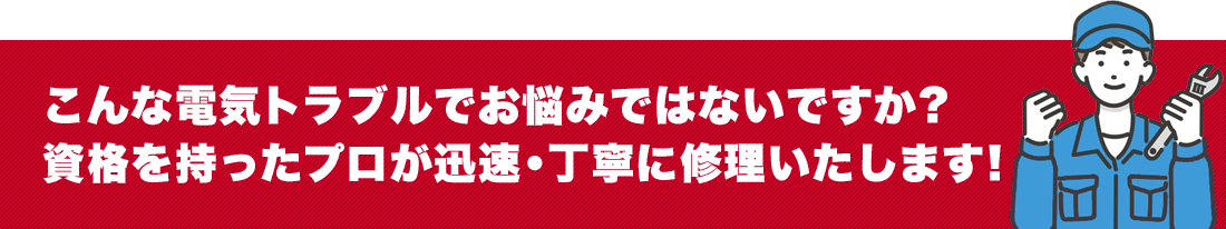 こんな電気トラブルでお悩みではないですか?資格を持ったプロが迅速・丁寧に修理いたします!